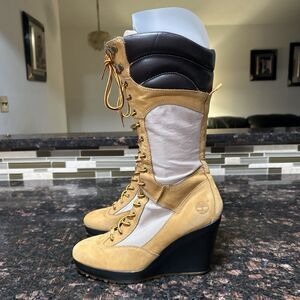 Timberland Womens Size 8 Wheat Tan Leather Lace Up Wedge Boots Tall 14.5” 23617M